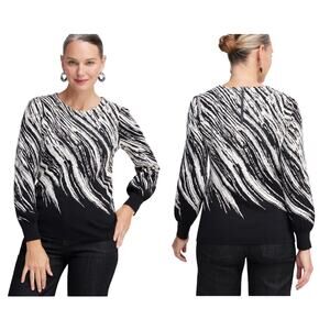 Chico's Black White Abstract Jaquard Pullover Sweater Back Zipper Size 1 Medium